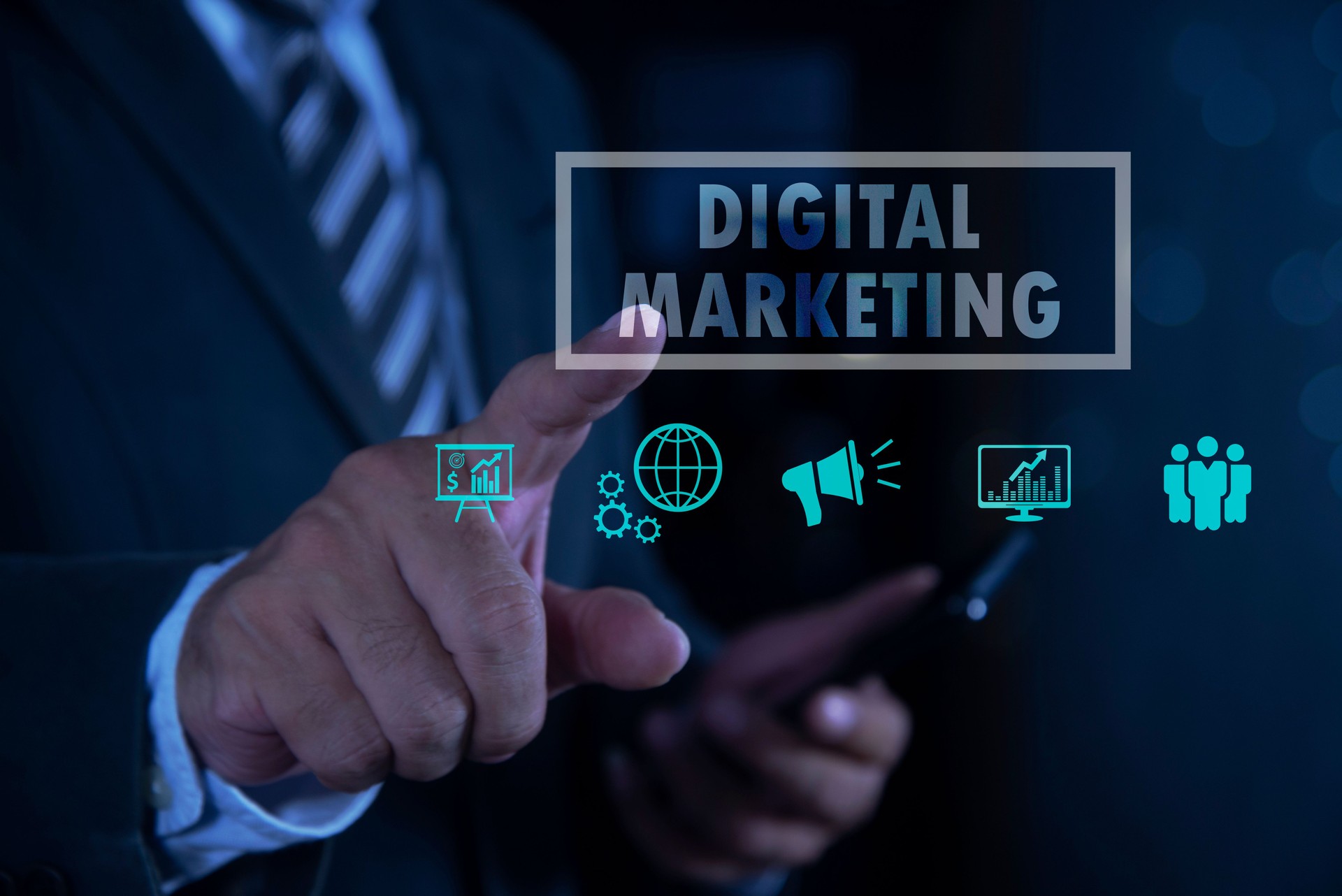 Businessman with sign of Digital marketing. Technology, Internet and network, content planning advertising strategy concept. online marketing, E-business, E Commerce, Business online.